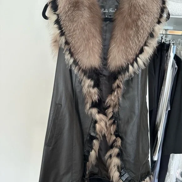 Belle fare leather fur vest women's size S